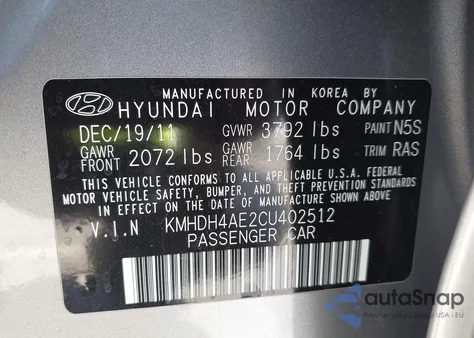 2012 Hyundai Elantra Gls (Ulsan Plant) from USA, damaged, VIN KMHDH4AE2CU402512